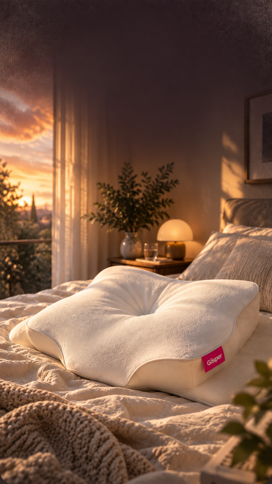 Gäsper orthopedic memory foam pillow on a bed at golden hour