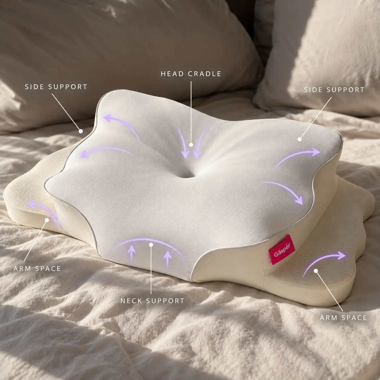 Annotated Gäsper pillow showing head cradle, side support, neck support and arm space