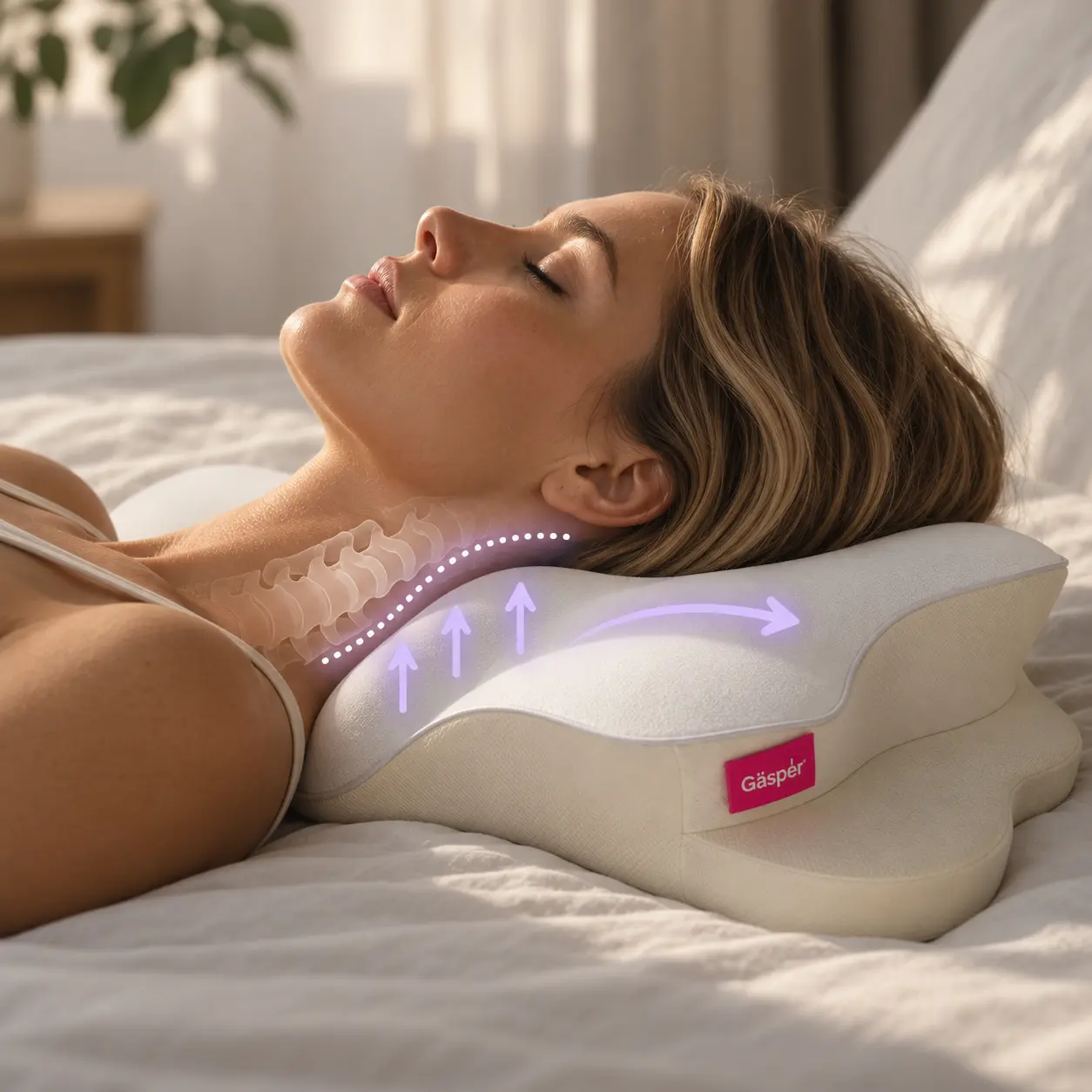 Side profile showing the Gäsper pillow supporting the natural curve of the neck